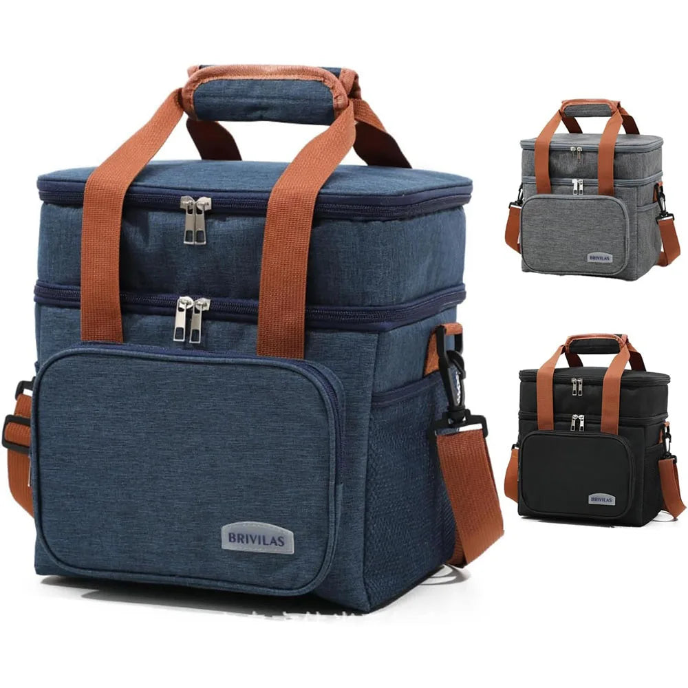 Double Deck Insulated Lunch Bag Large Capacity Leakproof Cooler Tote Thermal Food Storage Bag for Work Camping Travel