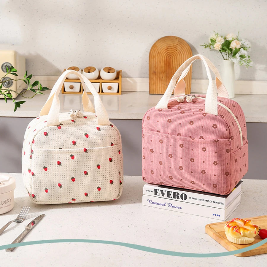 Floral Corduroy Lunch Bag Printed Food Handbags Portable Thermal Lunch Box Bag Waterproof Office Cooler Ice Insulated Case