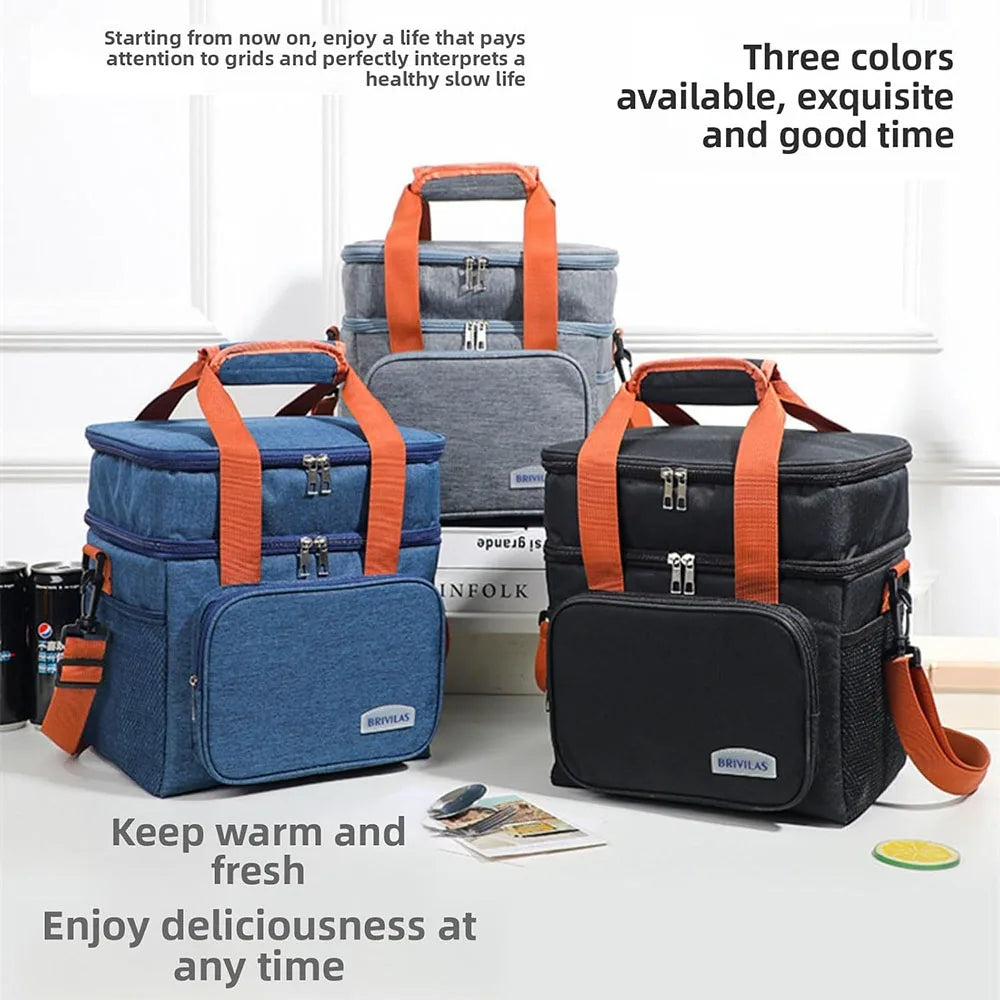 Double Deck Insulated Lunch Bag Large Capacity Leakproof Cooler Tote Thermal Food Storage Bag for Work Camping Travel