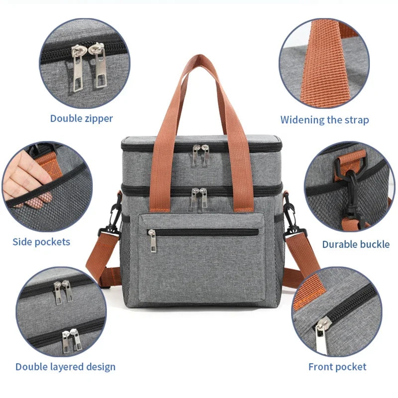 Thermal Lunch Bag Double Layers Large Capacity Lunch Boxes Bags Portable Crossbody Picnic Food Drink Storage Bag Cooler Tote New