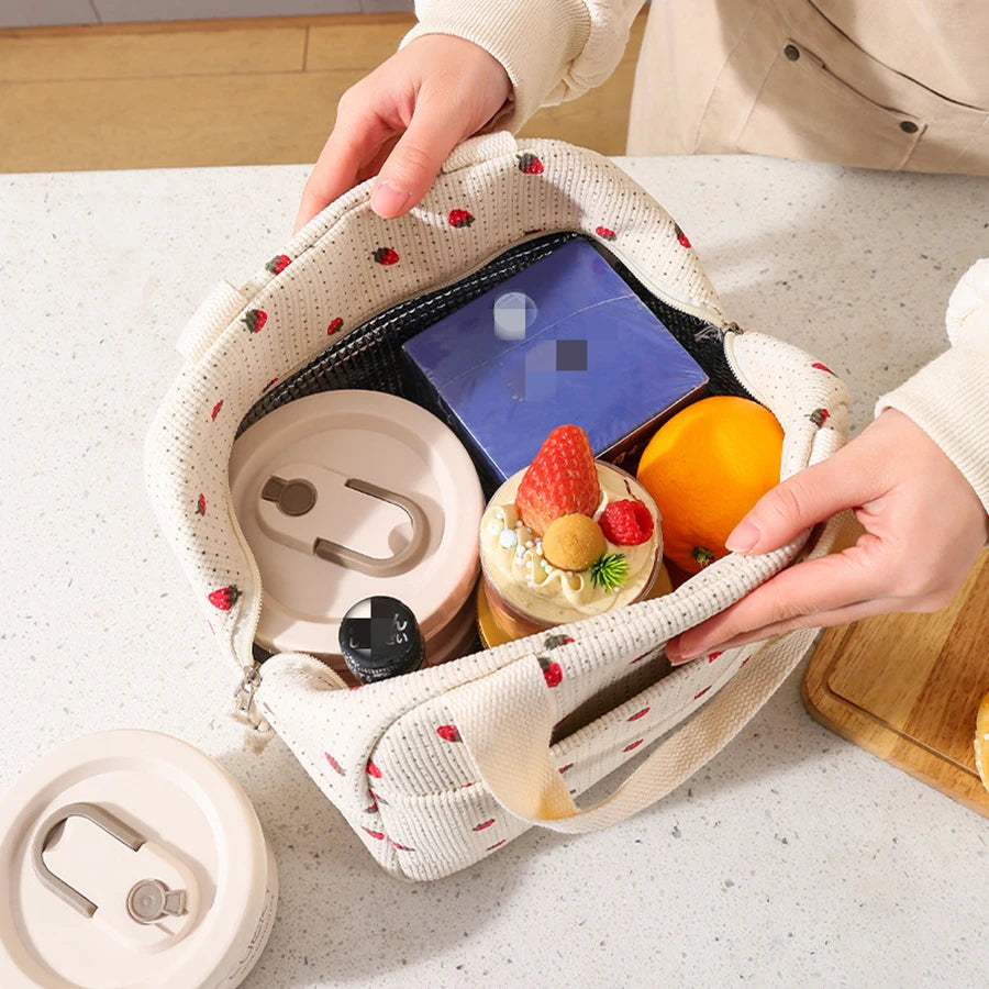 Floral Corduroy Lunch Bag Printed Food Handbags Portable Thermal Lunch Box Bag Waterproof Office Cooler Ice Insulated Case