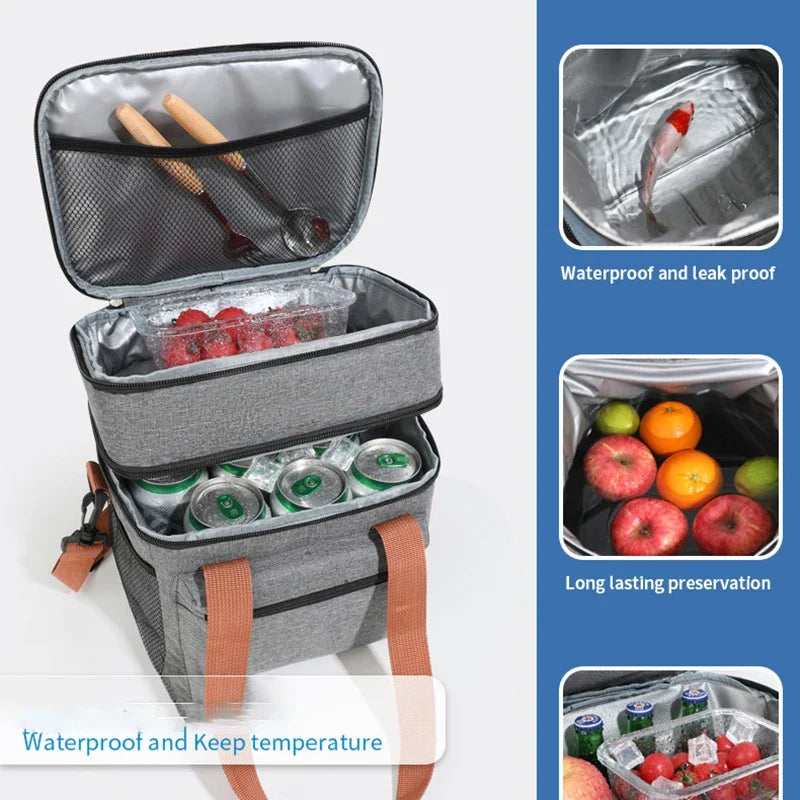 Thermal Lunch Bag Double Layers Large Capacity Lunch Boxes Bags Portable Crossbody Picnic Food Drink Storage Bag Cooler Tote New