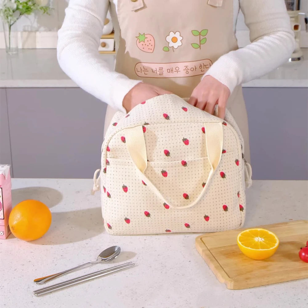 Floral Corduroy Lunch Bag Printed Food Handbags Portable Thermal Lunch Box Bag Waterproof Office Cooler Ice Insulated Case