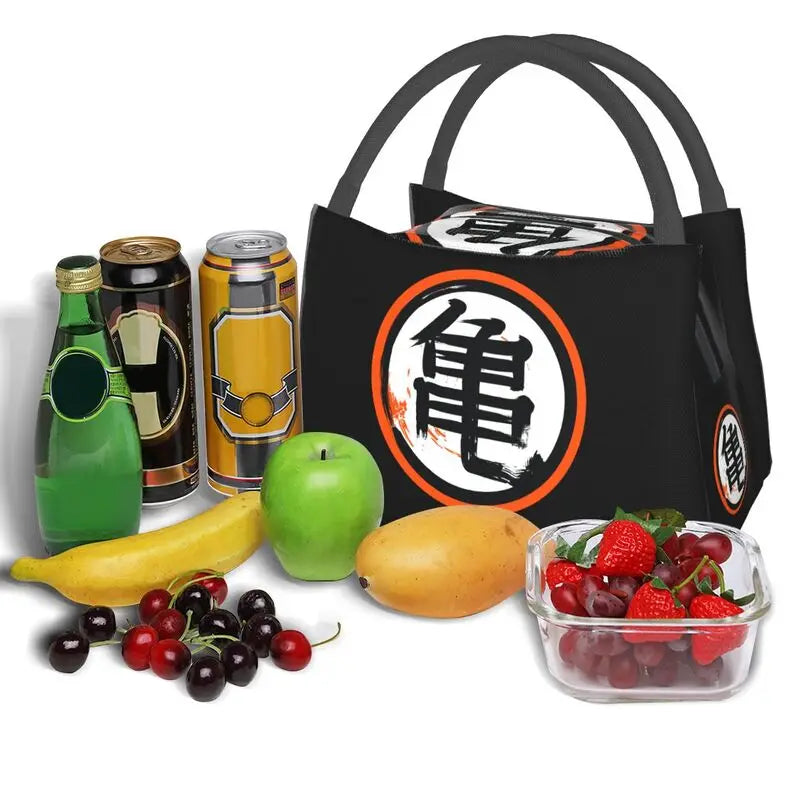 DBZ Kanji Print Thermal Lunch Bag Women Portable Insulated Cooler Bag for Picnic Beach Work Reusable Packed Oxford Lunch Box