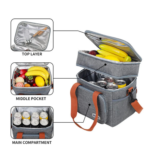 Double Deck Insulated Lunch Bag Large Capacity Leakproof Cooler Tote Thermal Food Storage Bag for Work Camping Travel